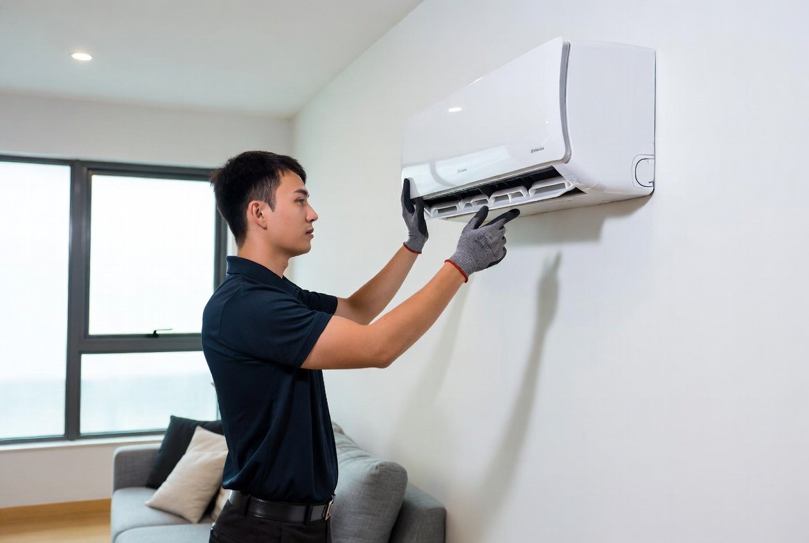 Certified technician installing an air conditioning unit in a Singapore residential property