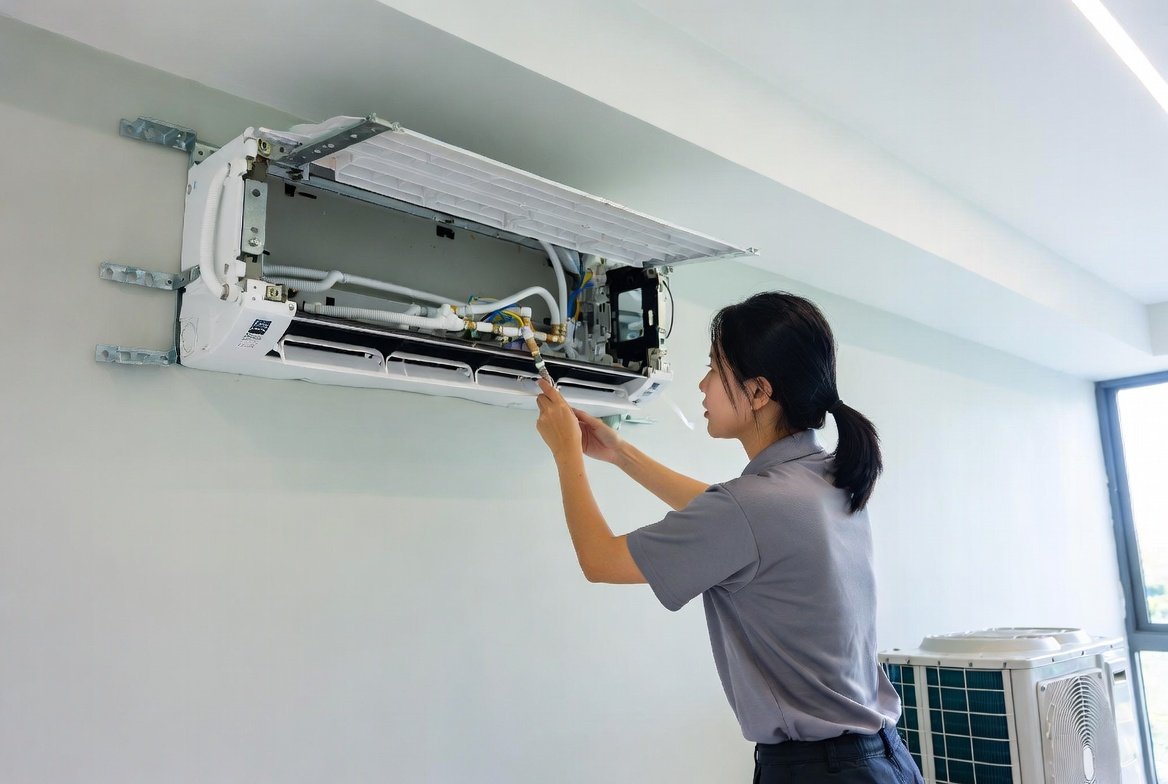 Modern air conditioning indoor and outdoor unit installation in a Singapore home