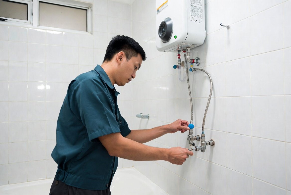 Technician installing a gas water heater and boiler system in a Singapore property