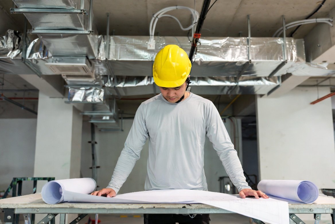 M&E contractor reviewing blueprints and mechanical systems on a Singapore construction site