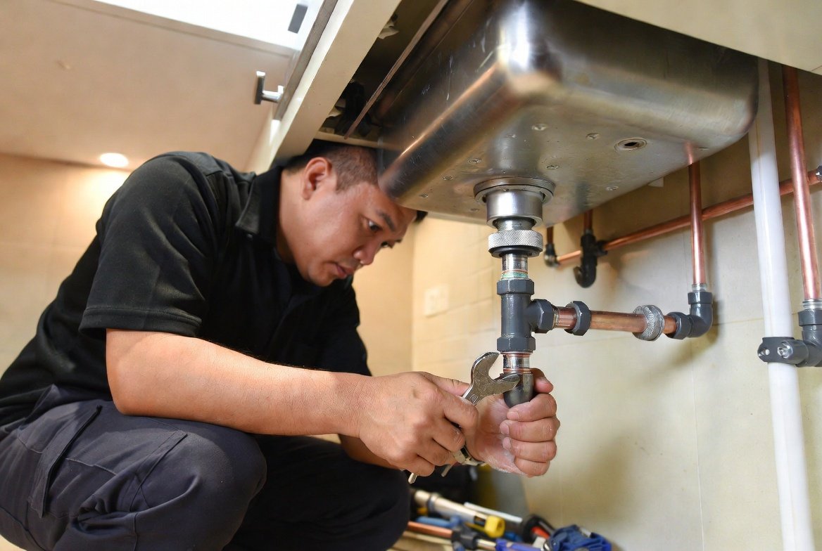 Professional plumber installing copper and PVC pipework in a Singapore commercial building