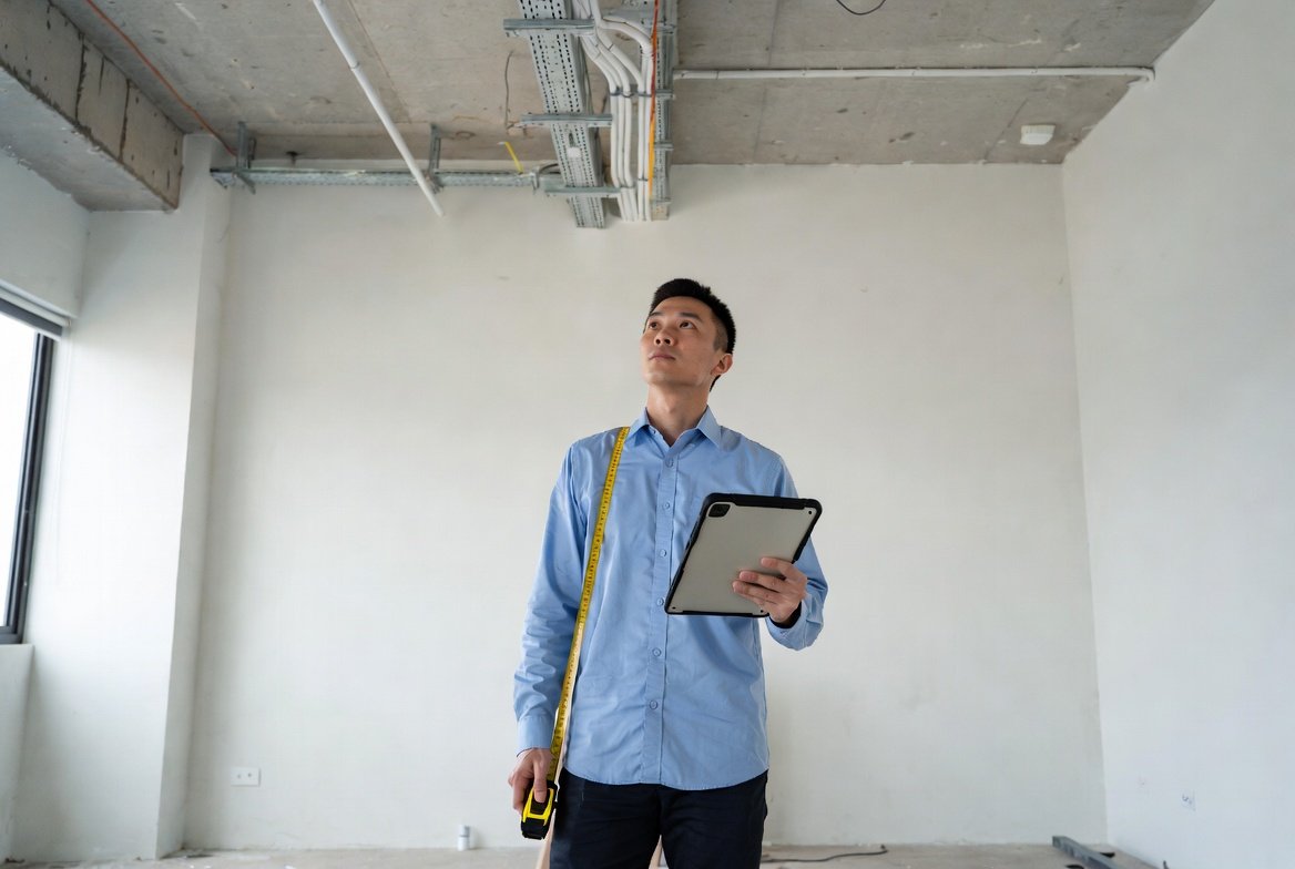 Engineer conducting a pre-installation site survey with technical plans at a Singapore property